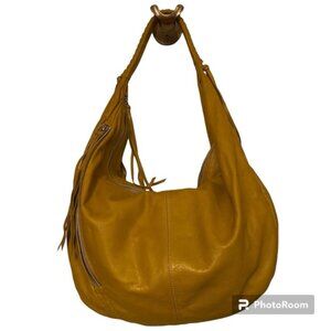 CLAUDIA FIRENZE ITALY BAG HOBO YELLOW LEATHER BRAIDED HANDLE FRINGE ACCENT ZIP